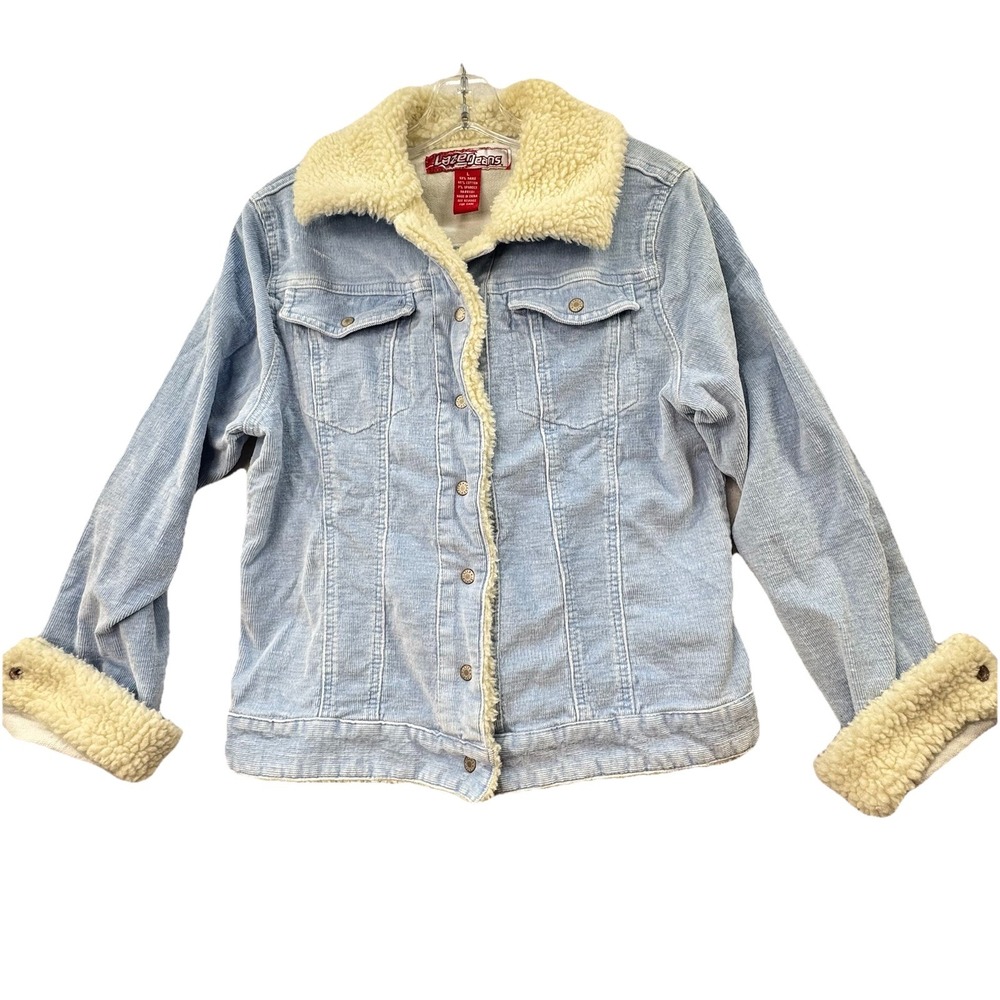Vintage Y2K Laser Jeans Blue Corduroy Jacket Sherpa Trim Size Large Retro